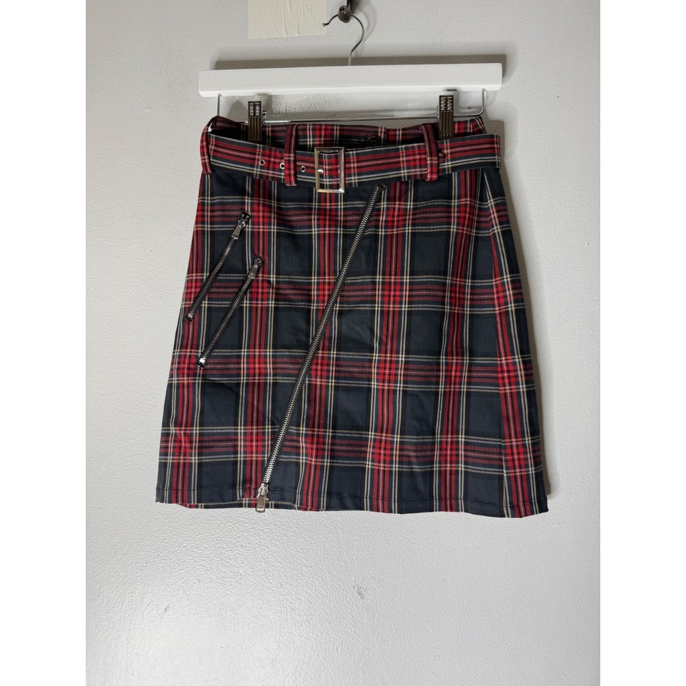 Bebe plaid asymmetrical mini skirt red black steampunk size 2 NWT